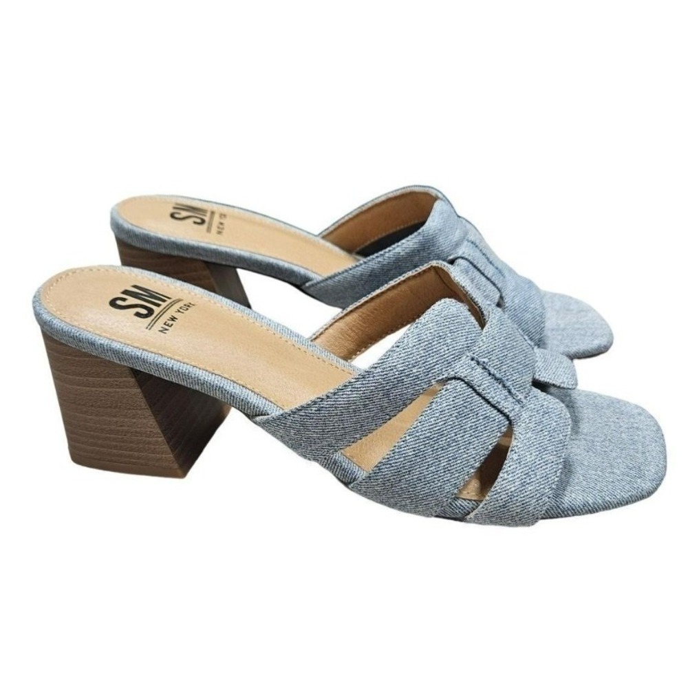 SM New York Women's 9.5 Denim Mules Slip On Sandals Block Heel Casual Shoes